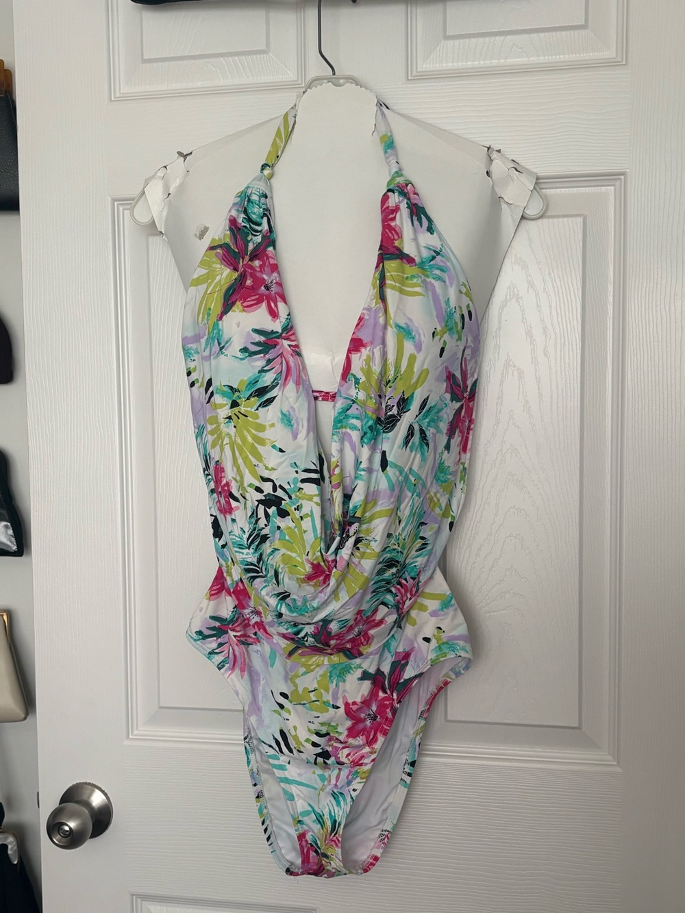 Bar III White Halter One-Piece with Pink & Green Floral Print